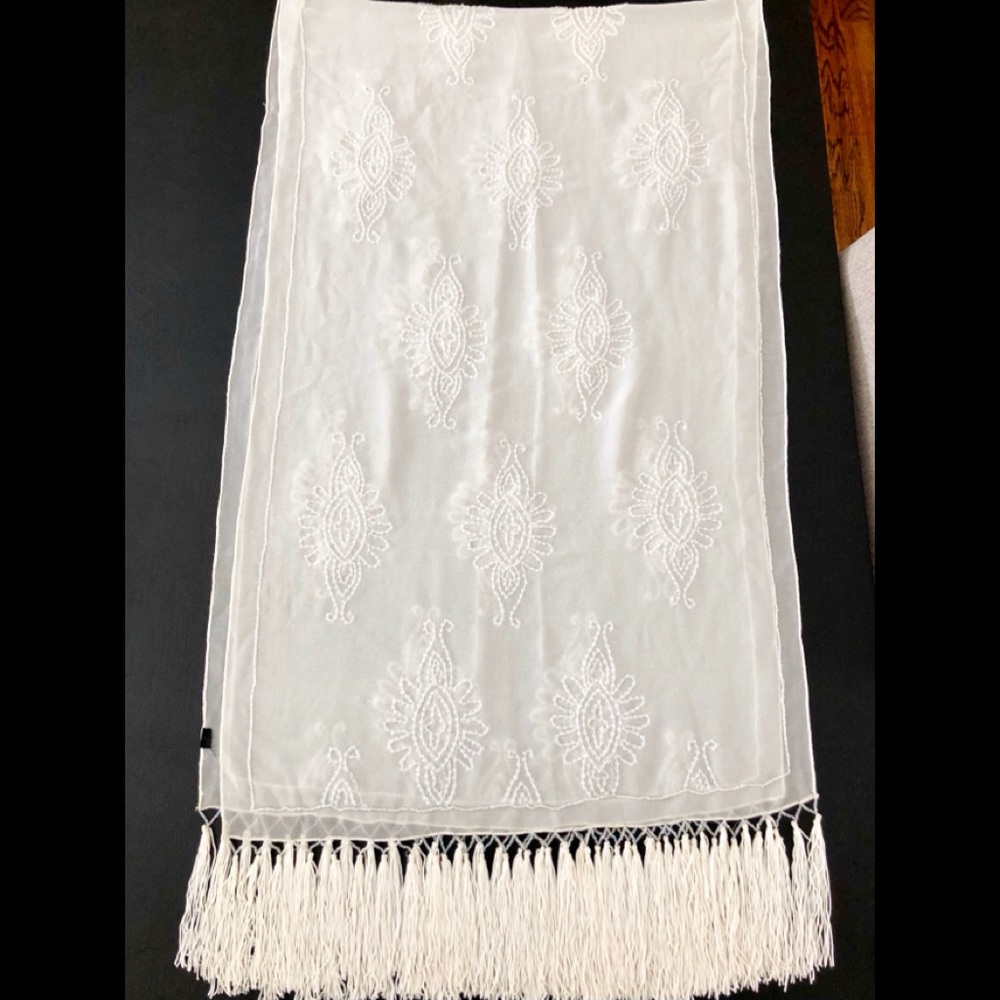 Beaded White Sheer Fringe Shawl